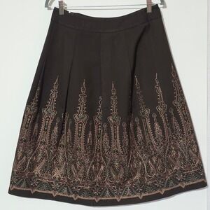 Ann Taylor LOFT Brown Size 4‎ Boho Embroidered Temple Pleated Full Midi Skirt